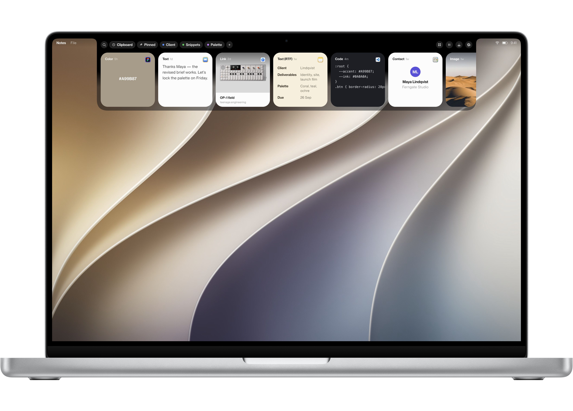 Just Copy’s tray open from the top of a MacBook’s screen: a color, a message, a link, a brief, code, a contact and a photo.