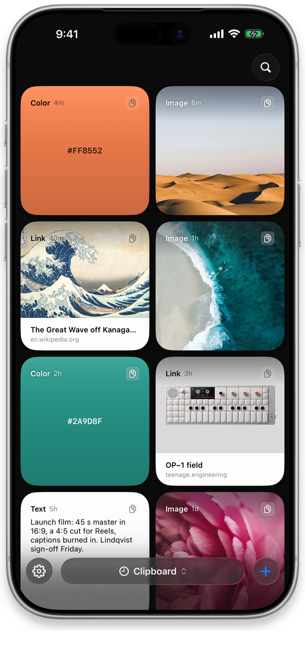 The Just Copy iPhone app: light cards on a dark canvas — a color, a photo, a link, a note